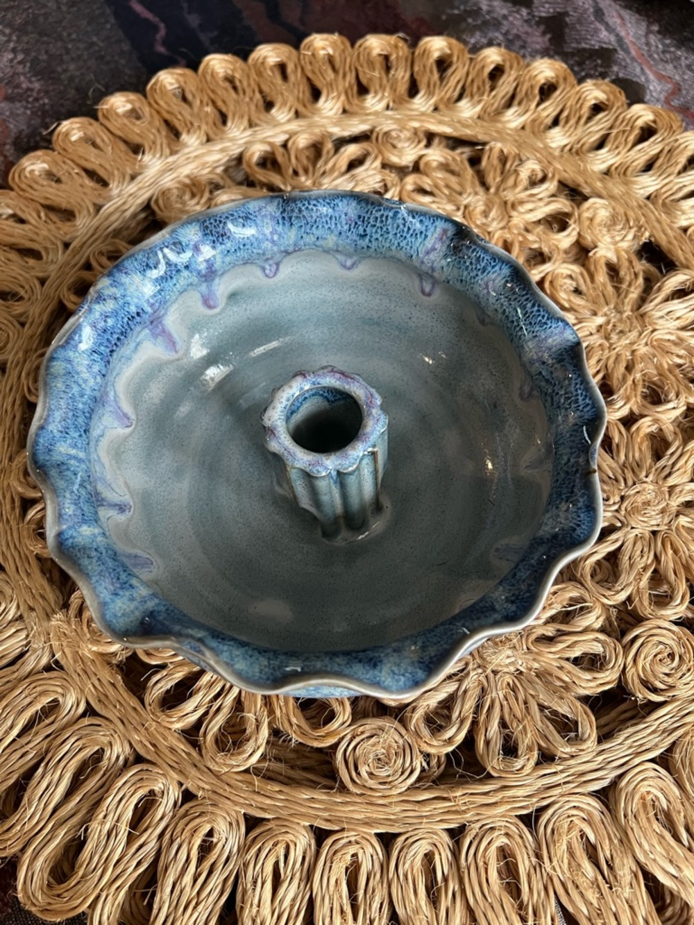 Handmade Blue Glazed Ceramic Flower Frog Vase Studio Pottery Bud Bowl 7” - Picture 5 of 9